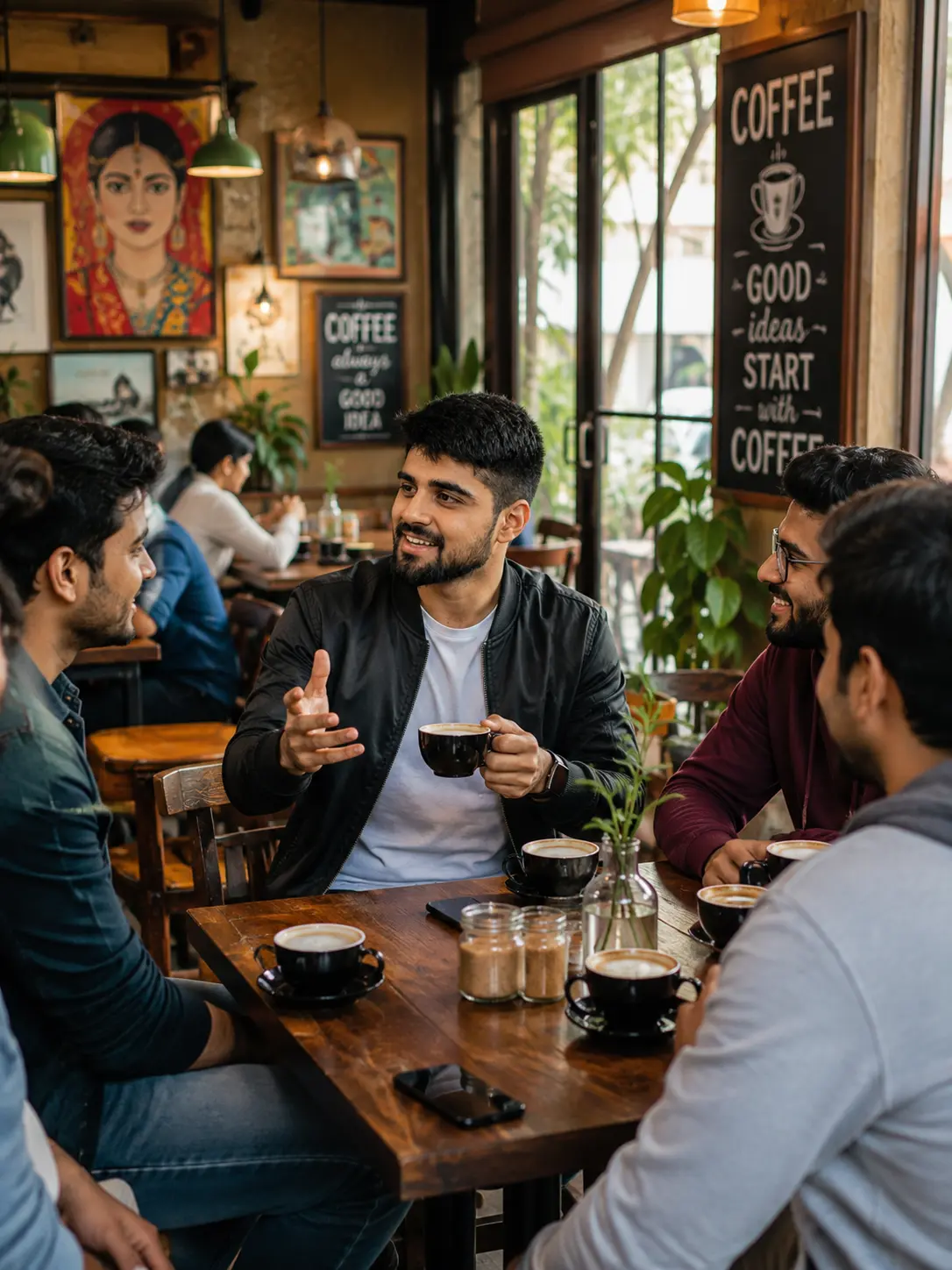 Dynamic Café Scene with Friends