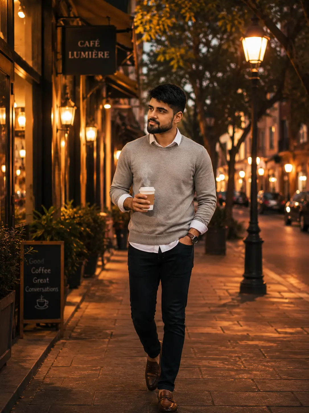 Evening Stroll with Coffee in Hand